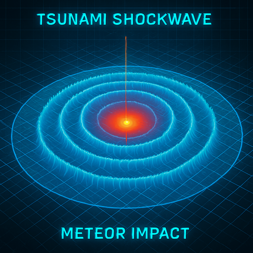 Overhead digital simulation hologram of oceanic meteor impact tsunami wave shockwave radius circle outward crashing neon cyberpunk 3d diagram Translucent projection grid
