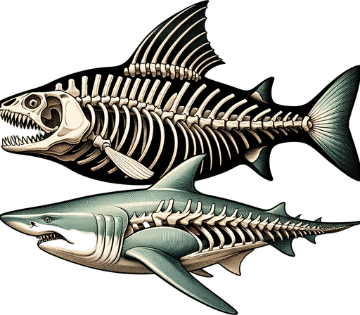 Very basic skeleton of a fish with a fin and shark head.