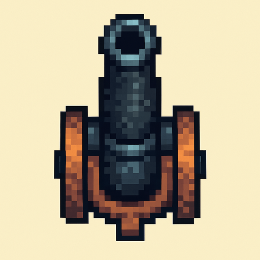 savaş topu. üstten görünüm. yukarıdan görülüyor. Tek Oyun Dokusu. Oyun içi varlık. 2d. Boş arkaplan. Yüksek kontrast. Gölge yok. pikselli. 8 bit