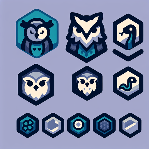 A sprite sheet for game icons featuring an owl, an otter and a snake. Hexagon icons featuring the head of animal. 
Single Game Texture. In-Game asset. 2d. Blank background. High contrast. No shadows.
