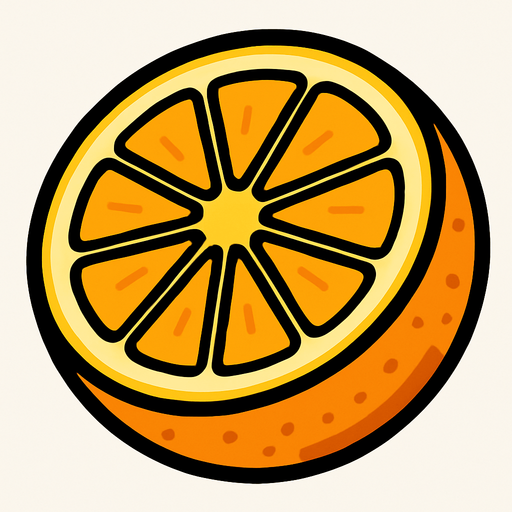 Naranja Circular Cortada por la mitad.
In-Game asset.  2d.  High contrast.  No shadows. Cartoon.