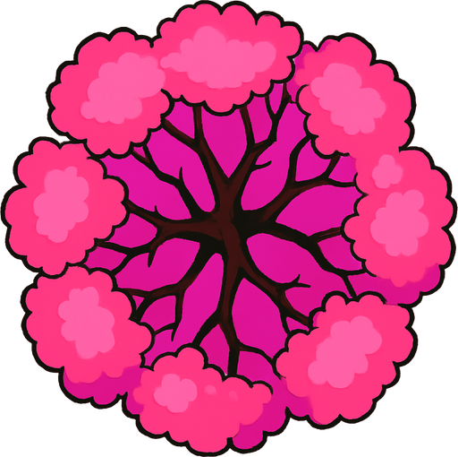 Top view of colorful pink tree looking upwards.
In-Game asset.  2d.  High contrast.  No shadows