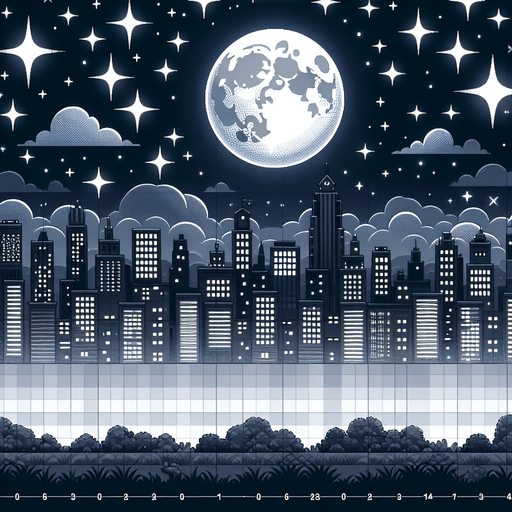 City, night with moon and stars.
Single Game Texture. In-Game asset. 2d. Blank background. High contrast. No shadows.