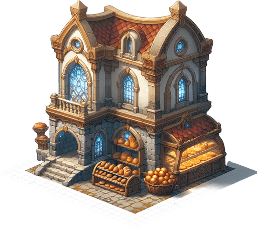 An bakery in a RTS fantasy style Single Game Texture. In-Game asset. 2d. Blank background. High contrast. No shadows.