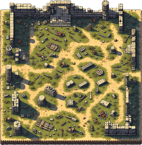 Make a birds eye view of an abandoned ancient battlefield in an 8bit style that would make a good background for a mobile game that would fill the entire screen with no walls.
Single Game Texture. In-Game asset. 2d. Blank background. High contrast. No shadows.