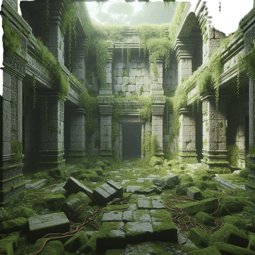 A top-down view of jungle ruins with moss-covered stone walls and floors. The floor is scattered with vines and broken pillars. Each wall has an entrance centered in the middle, resembling natural archways positioned on the top, bottom, left, and right. Sunlight filters through, illuminating the room softly..
Full-frame, top-down view of jungle ruins. Moss-covered stone walls and floors, vines, broken pillars. Open natural archways centered on each wall: top, bottom, left, and right. Soft sunlight, no perspective distortion.