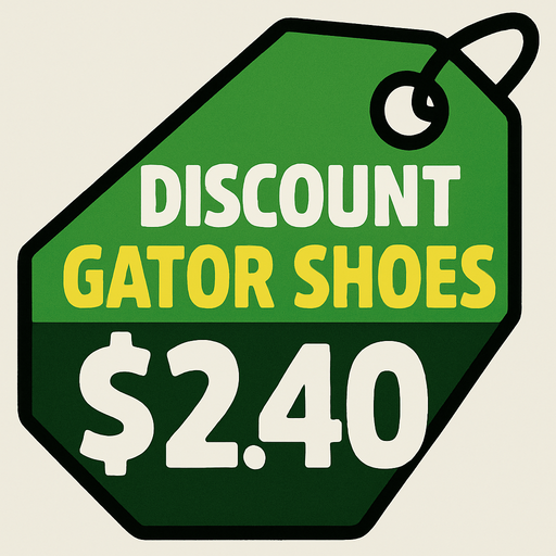 Green pricetag that says discount gator shoes $2.40.
In-Game asset.  2d.  High contrast.  No shadows