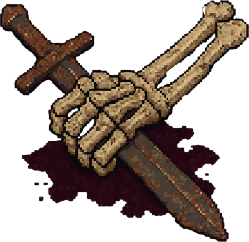 “Top-down 2D pixel art of a massive severed skeleton arm holding a giant sword. The bones are thick, cracked, and aged, with broken joints and shattered ends. The sword is still gripped tightly in the skeletal hand, rusted and chipped. Blood stains or dark magic aura may be present around the broken area. Designed as an environment object or game sprite for a dark fantasy pixel art game.”.
In-Game asset.  2d.  High contrast.  No shadows