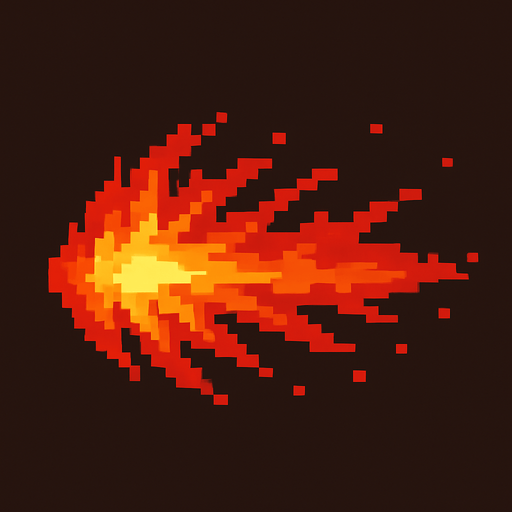 Ráfaga de fuego roja en pixel art.
In-Game asset.  2d.  High contrast.  No shadows