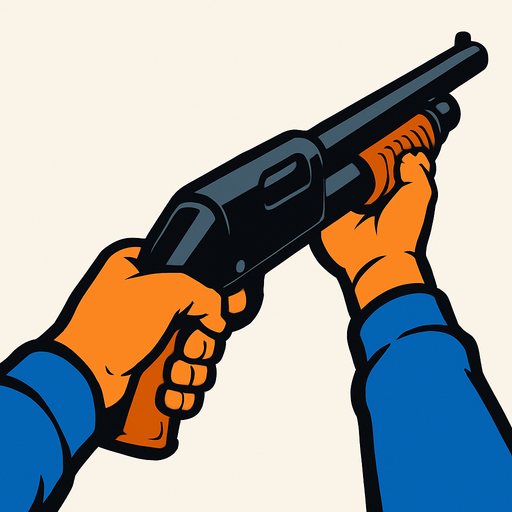 A shotgun with a first person view of somebody holding it.
In-Game asset.  2d.  High contrast.  No shadows