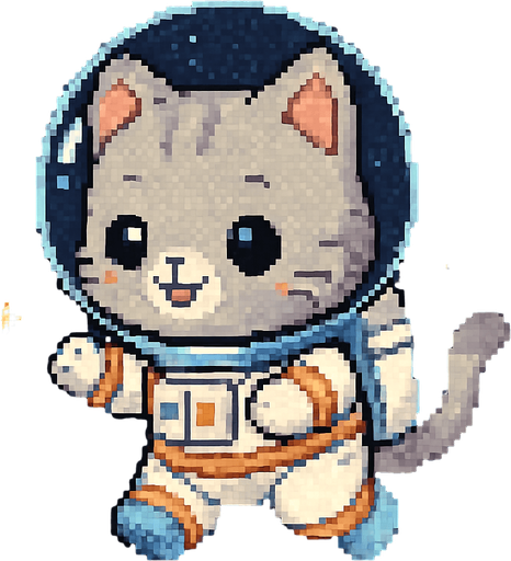 A cute chibi-style anime kitten, dressed in an astronaut suit and drifting through the universe, rendered in Pixel Art.