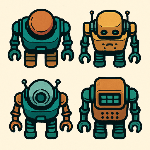 Robot algo viejos vistos desde arriba.
In-Game asset.  2d.  High contrast.  No shadows
