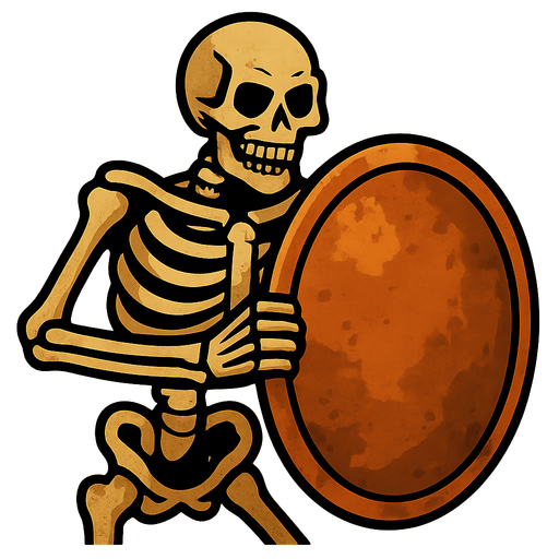 Skeleton holding a big copper shield with both hands.
In-Game asset.  2d.  High contrast.  No shadows
