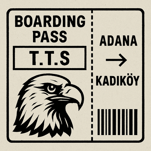 Bir uçak bileti oluştur . Yolcunun adı T.T.S olsun . Uçak bileti siyah beyaz olsun . Ucağın rotası Adana -> Kadıköy olsun . Yolcunun fotosu kartal olsun . retro temada olsun ..
In-Game asset.  2d.  High contrast.  No shadows