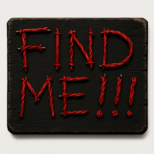 Scary sign have galvanized wires for message with description "find me!!!".red color text
In-Game asset.  High contrast.  No shadows. 3D