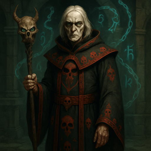 A haunted warlock in ceremonial black and crimson robes embroidered with skull patterns. Male, 56 years old, gaunt and tall, with shoulder-length white hair, sunken dark eyes glowing faint green, and sickly pale skin. He holds a staff topped with a demonic skull. Floating behind him are spectral chains and ghostly runes. The background is a cursed crypt. Realistic, highly detailed, dark arcane ambiance. realistic.
In-Game asset.  2d.  High contrast.  No shadows