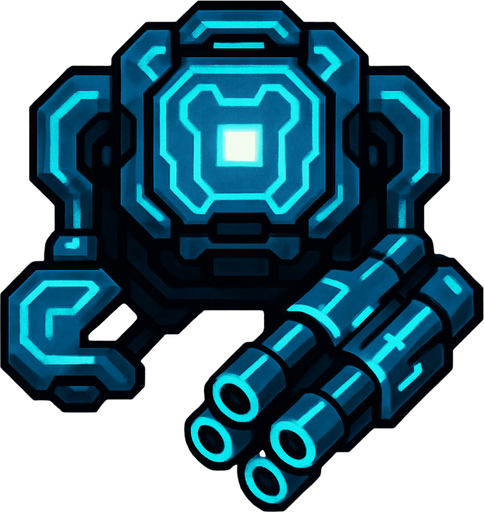 top-down view, small rapid-fire digital turret, multiple mini barrels, bright cyan glowing circuits, compact and fast look.
In-Game asset.  2d.  High contrast.  No shadows