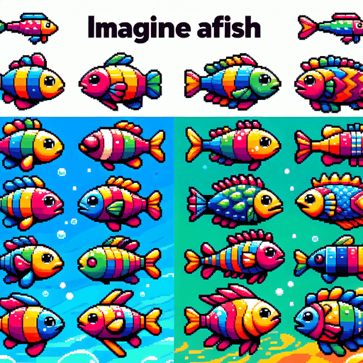 A pallet of 10 different unique fish. 8-bit art style. Fun, happy facial expressions..
Single Game Texture. In-Game asset. 2d. Blank background. High contrast. No shadows.