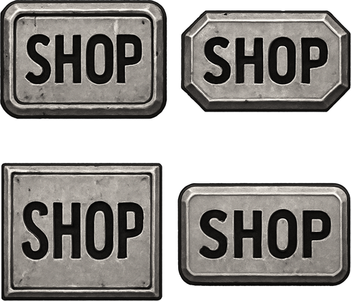 Different shop buttons of metal, metal rectangles
In-Game asset.  2d.  High contrast.  No shadows