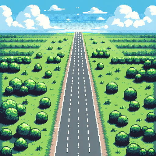 Top view of an empty road without lines from top to bottom.
overhead view.  Pixel art