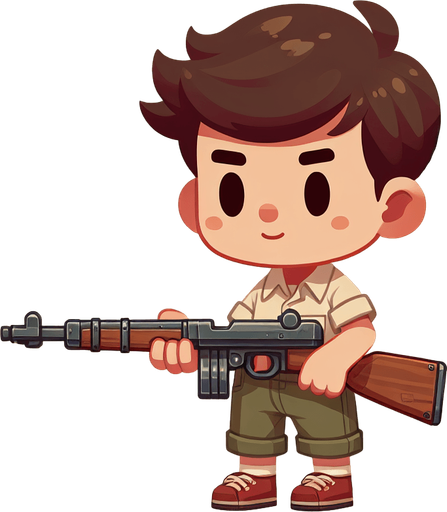 A cute boy with am 47 in hand.
Single Game Texture. In-Game asset. 2d. Blank background. High contrast. No shadows.