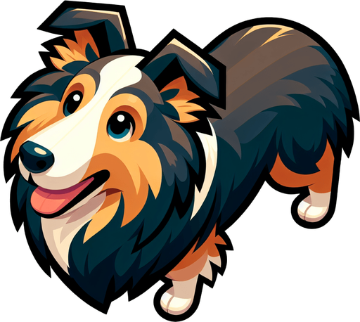 Collie shepherd dog, top view, cartoon style.
Single Game Texture. In-Game asset. 2d. Blank background. High contrast. No shadows.