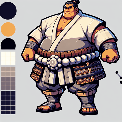 a samurai sumo big in size.
Single Game Texture. In-Game asset. 2d. Blank background. High contrast. No shadows.