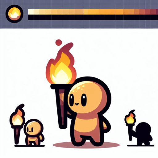 Si tu souhaites créer un personnage tenant une torche pour ton jeu, voici quelques conseils pour le design :

    Design du personnage :

        Proportions simples : Garde le design du personnage simple et épuré, avec une silhouette facilement reconnaissable. Il pourrait être petit et mignon, dans un style cartoon.

        Torche : La torche devrait être grande par rapport à la taille du personnage, avec une flamme vive pour ajouter du dynamisme. Assure-toi que la flamme est visible et lumineuse, avec des dégradés de jaune et orange..
Single Game Texture.  In-Game asset.  2d.  Blank background.  High contrast.  No shadows