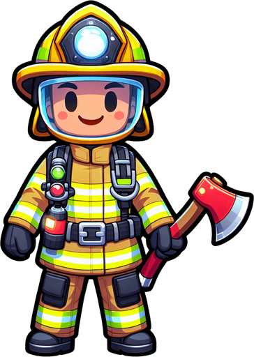 A cartoon firefighter.
Single Game Texture.  In-Game asset.  2d.  High contrast.  No shadows