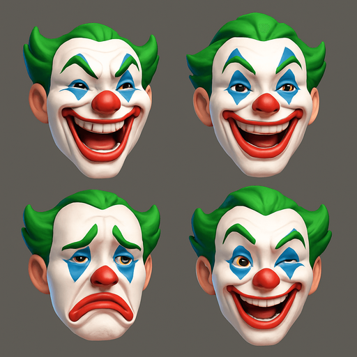 3D funny face meme joker. different faces look. face only
In-Game asset.  3D.  High contrast.  No shadows. face only