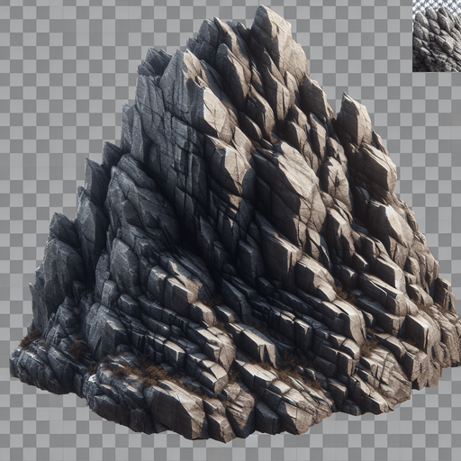 Mountain rock.
Single Game Texture. In-Game asset. 2d. Blank background. High contrast. No shadows.