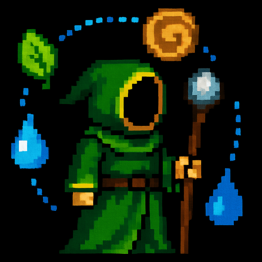Same wizard but looking left and with other elements and in a green cloak