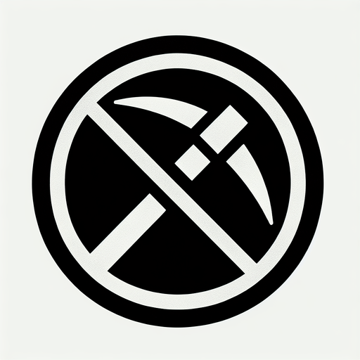 pickaxe with a circle around it and a slash going from the top of the circle to the bottom.
Single Game Texture.  In-Game asset.  2d.  Blank background.  High contrast.  No shadows