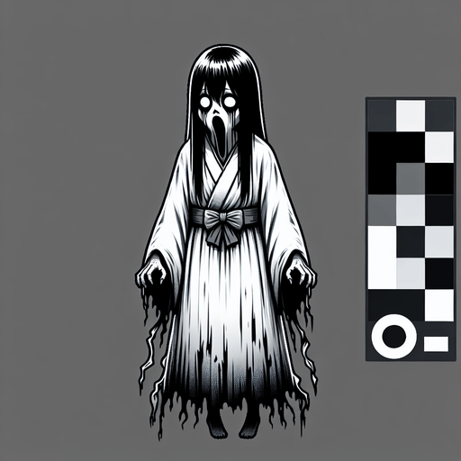 Ghost girl, scary, horror movie, full body, Japanese ghost, 
Single Game Texture. In-Game asset. 2d. Blank background. High contrast. No shadows.
