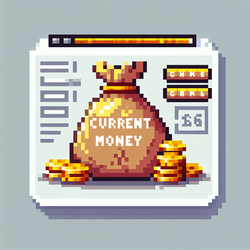 Genera una bolsa de monedas de oro que diga "current money" en pixel art.
Single Game Texture.  In-Game asset.  2d.  Blank background.  High contrast.  No shadows