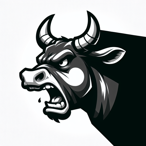 angry cow. Side portrait. 
Single Game Texture.  In-Game asset.  2d.  Blank background.  High contrast.  No shadows