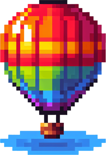 hot air balloon with simple pixel art.
Single Game Texture. In-Game asset. 2d. Blank background. High contrast. No shadows.