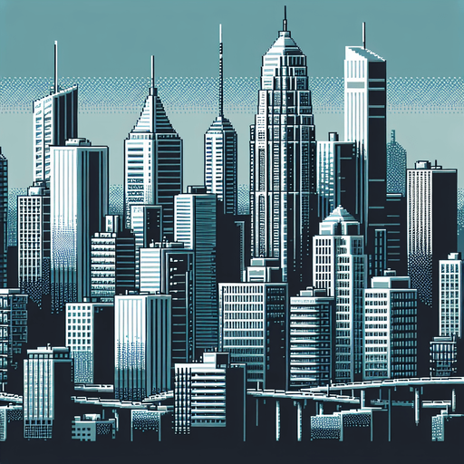 An 8-bit city skyline with towers.
Single Game Texture. In-Game asset. 2d. Blank background. High contrast. No shadows.