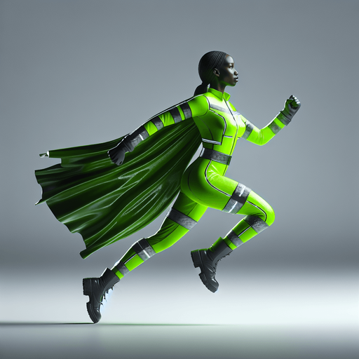 full side-view of an garbage collector superhero woman running in neon green suit.
only the woman.
single sprite, blank background.