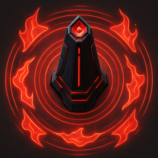 top-down view, high-tech energy obelisk, emits area energy pulses, holographic fire shield patterns, black and red glowing accents.
In-Game asset.  2d.  High contrast.  No shadows