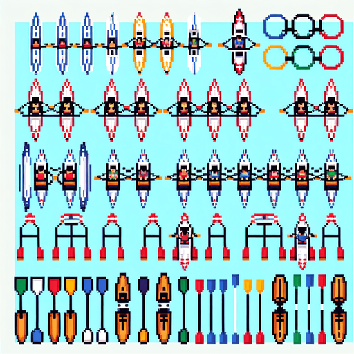 sprite sheet for a rowing olympic boat. the boats needs to be arranged organized for easy cropping. bird-view perspective. pixelated. 8-bit.
Single Game Texture. In-Game asset. 2d. Blank background. High contrast. No shadows.