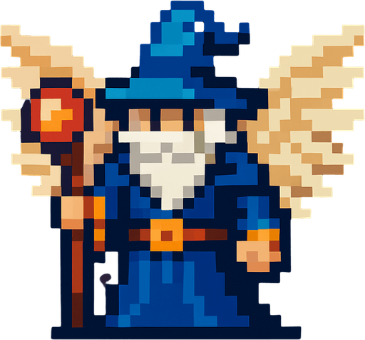 kanatlı piksel büyücü.
In-Game asset.  2d.  High contrast.  No shadows