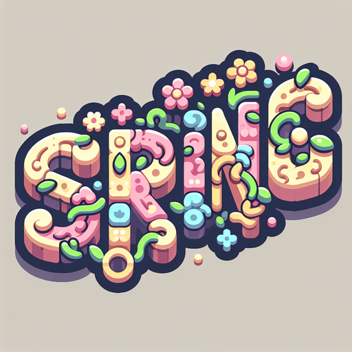 Create a SVG text design in bold cartoon style: "SPRING" in chunky rounded letters with floral accents and vines. Use spring pastels.​​​​​​​​​​​​​​​​.
Single Game Texture. In-Game asset. 2d. Blank background. High contrast. No shadows.