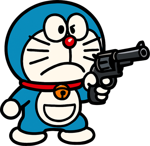 Doraemon shooting a gun.
In-Game asset.  2d.  High contrast.  No shadows