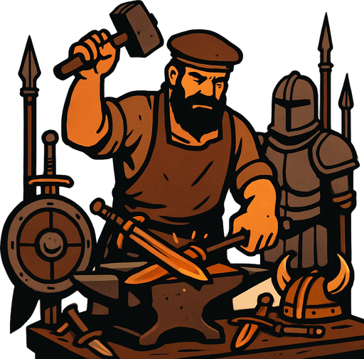 Demirci, Eski savaş malzemeleri üretiyor.
In-Game asset.  2d.  High contrast.  No shadows