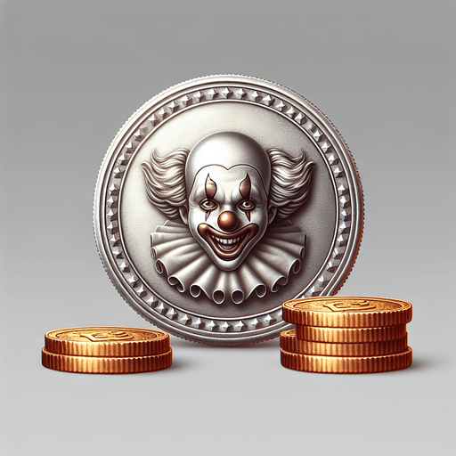silver coin with clown image.
Single Game Texture.  In-Game asset.  2d.  Blank background.  High contrast.  No shadows