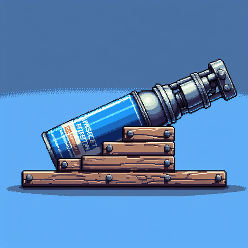 Genera un tipo de aerosol contra insectos que este acostado sobre dos pedazos de madera, como si fuese un cañon, tomalo de perfil mirando a la deracha y hazlo en pixel art.
Single Game Texture.  In-Game asset.  2d.  Blank background.  High contrast.  No shadows