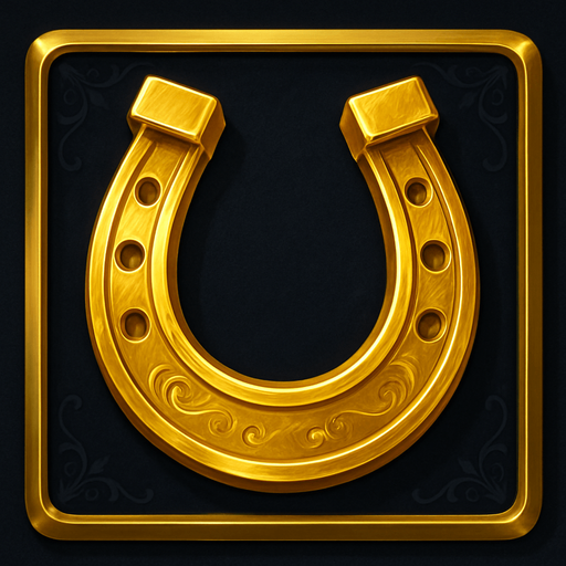 Crea un asset visual completo para el símbolo 'F' de Megaways: una Herradura Dorada, directamente sobre su panel de fondo.

Diseño General:

Forma: Un panel cuadrado o ligeramente redondeado.

Fondo del Panel: Terciopelo oscuro (negro o azul noche) o un metal pulido muy oscuro.

Borde: Un borde elegante dorado o plateado alrededor del panel.

Detalles del Fondo: Puede tener un patrón sutil de filigrana de casino en las esquinas del panel.

Símbolo Central (la Herradura):

Una herradura clásica, de color dorado brillante y con un acabado metálico, posicionada centralmente.

Puede tener pequeños detalles grabados o incrustaciones sutiles..
In-Game asset.  2d.  High contrast.  No shadows