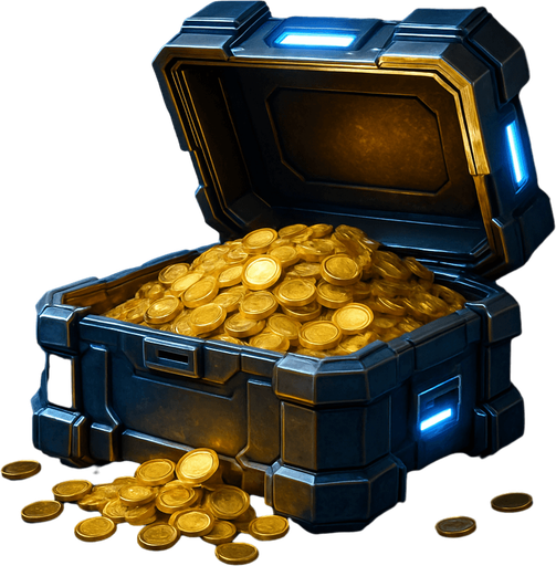 Uzay temalı, içi altın dolu kapağı açık kasa, gerçekçi, 
In-Game asset.  High contrast.  No shadows