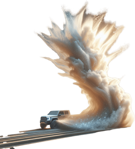 Light bright and transparent vertical Sand cloud in the air behind a vehicle